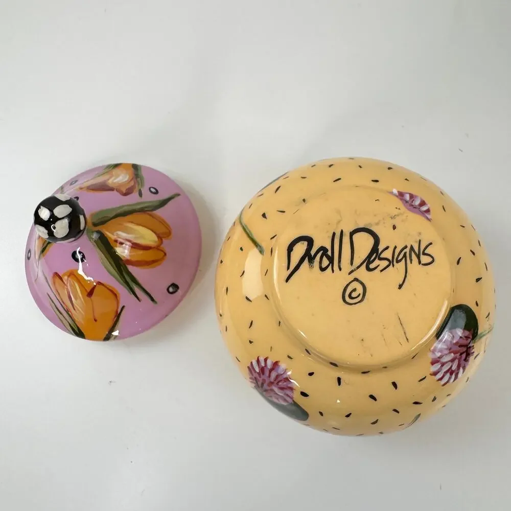 Droll Designs Multi Lidded Sugar Bowl Floral Ceramic Round Hand Painted RARE